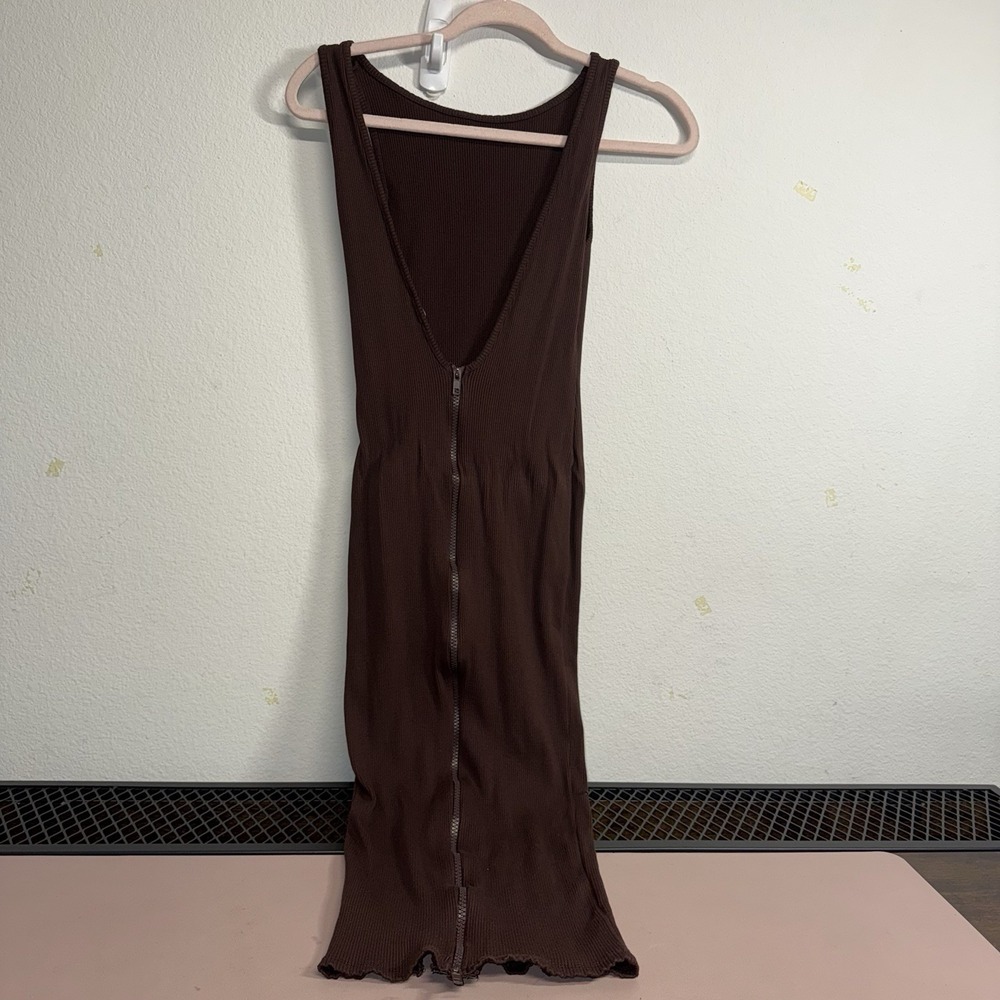 Womens Brown Ribbed Zip Front Midi Dress Sleeveless Bodycon‎ Stretch Large